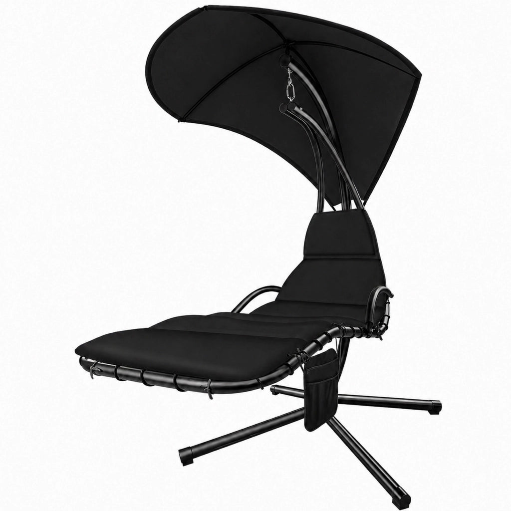 Sdraio Pensile Con Tettuccio Parasole Integrato E Cuscino Ergonomico Amaca Da Giardino In Acciaio E Poliestere 195 x 132 x 197 Cm Nero