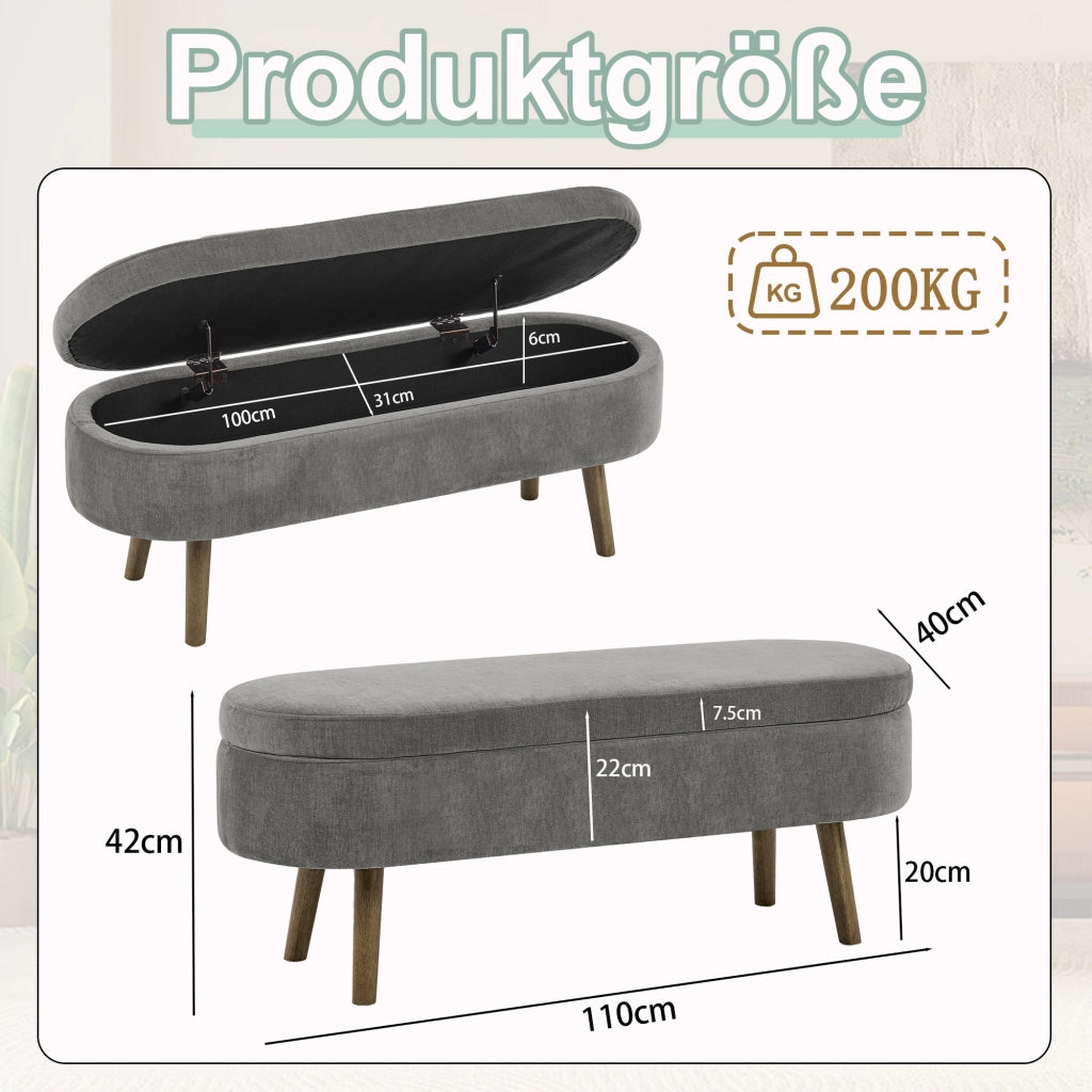 Panca contenitore in chenille con vano interno e chiusura ammortizzata, gambe in legno, grigio scuro 110 × 40 × 42 cm