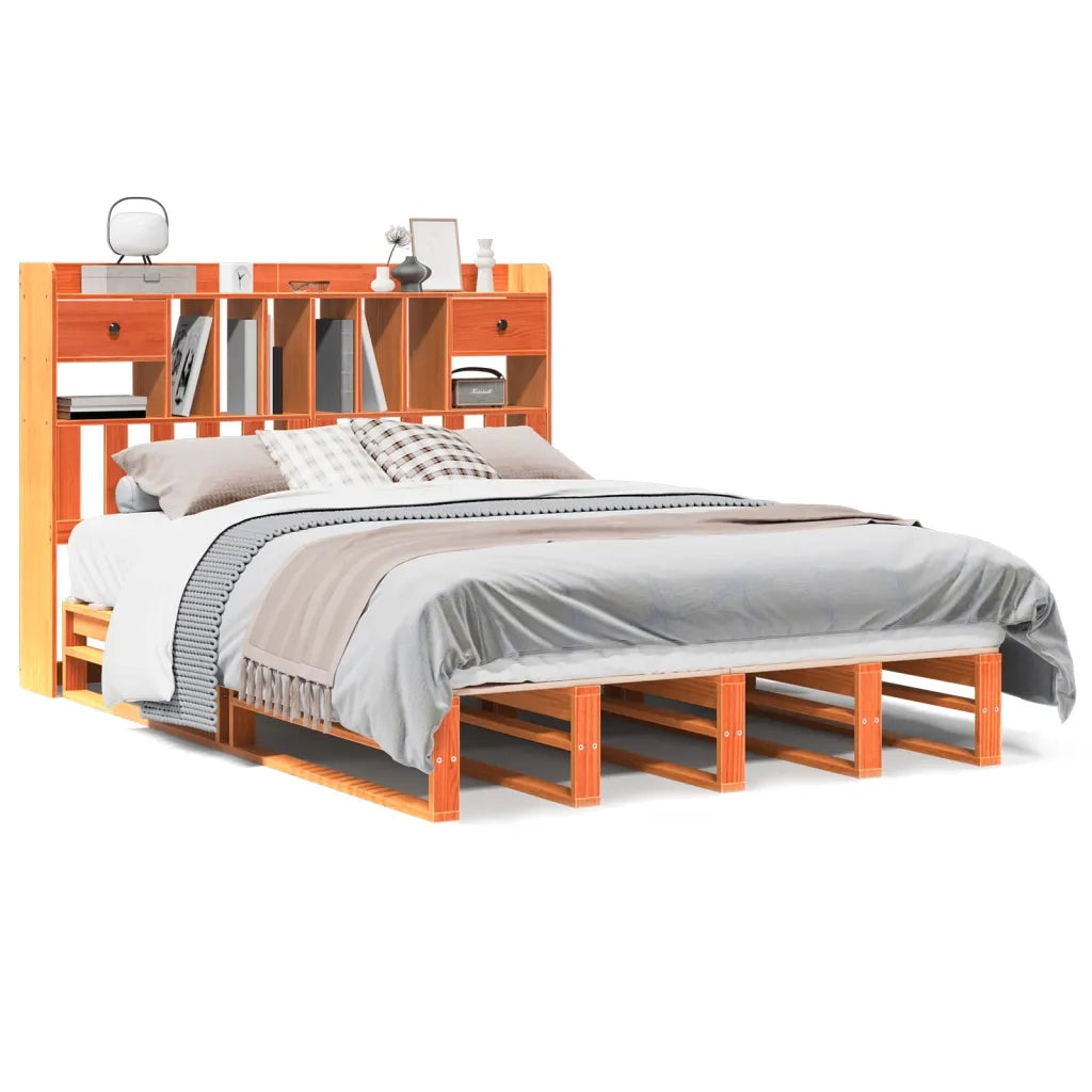 Letto Libreria senza Materasso Marrone Cera 160x200 cm in Pino