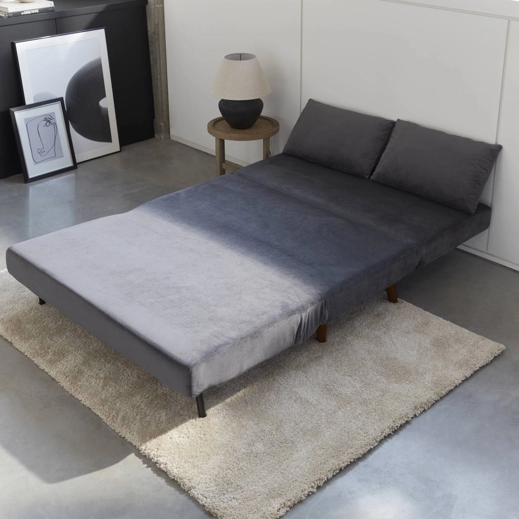 Divano letto in velluto liscio, 2 posti, grigio scuro