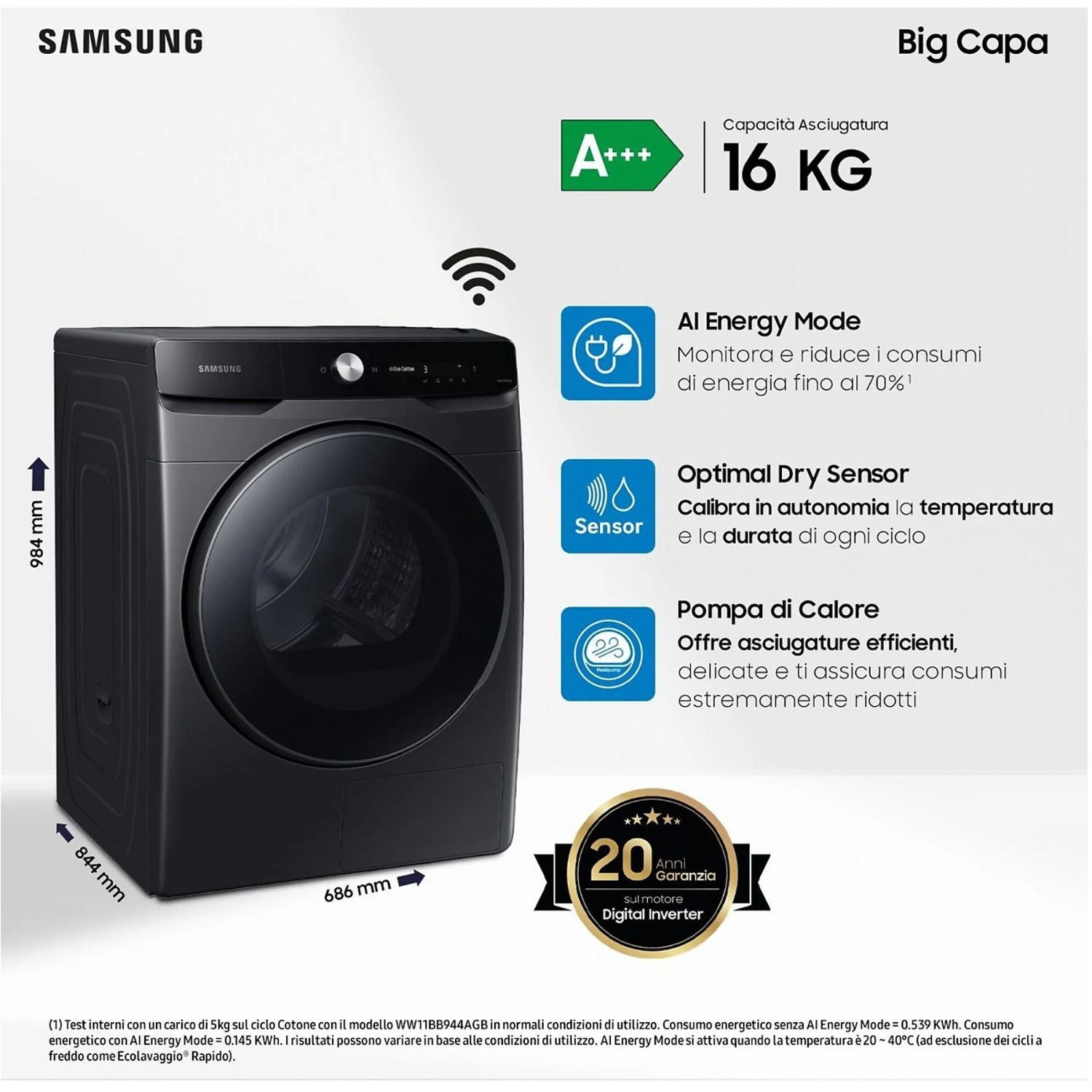 Samsung Asciugatrice 16 Kg Classe A+++ Inverter con Pompa di Calore Profondità 84 cm Wi-Fi colore Nero - DV16DG8600BVU3