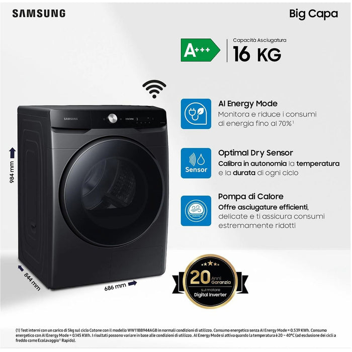 Samsung Asciugatrice 16 Kg Classe A+++ Inverter con Pompa di Calore Profondità 84 cm Wi-Fi colore Nero - DV16DG8600BVU3