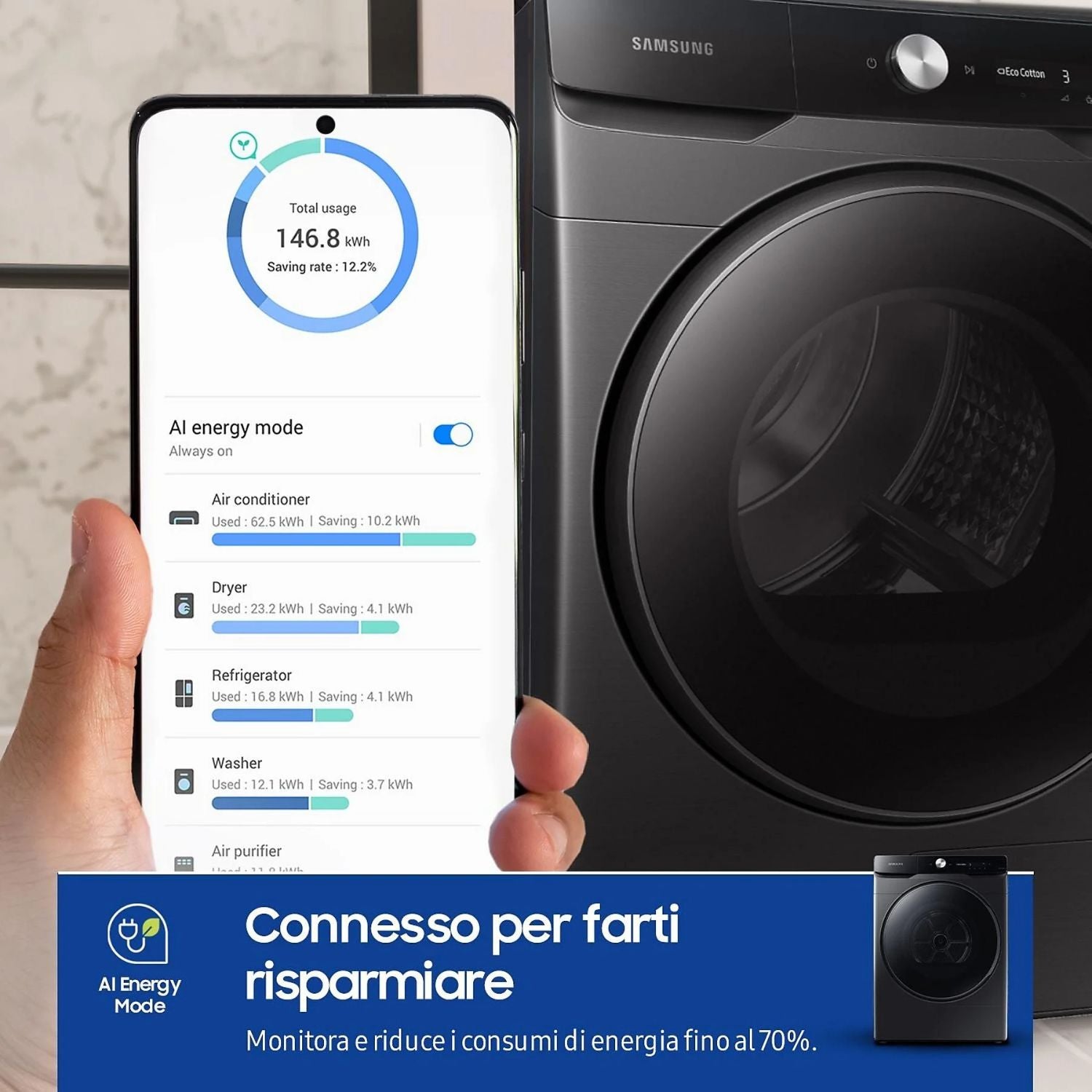 Samsung Asciugatrice 16 Kg Classe A+++ Inverter con Pompa di Calore Profondità 84 cm Wi-Fi colore Nero - DV16DG8600BVU3