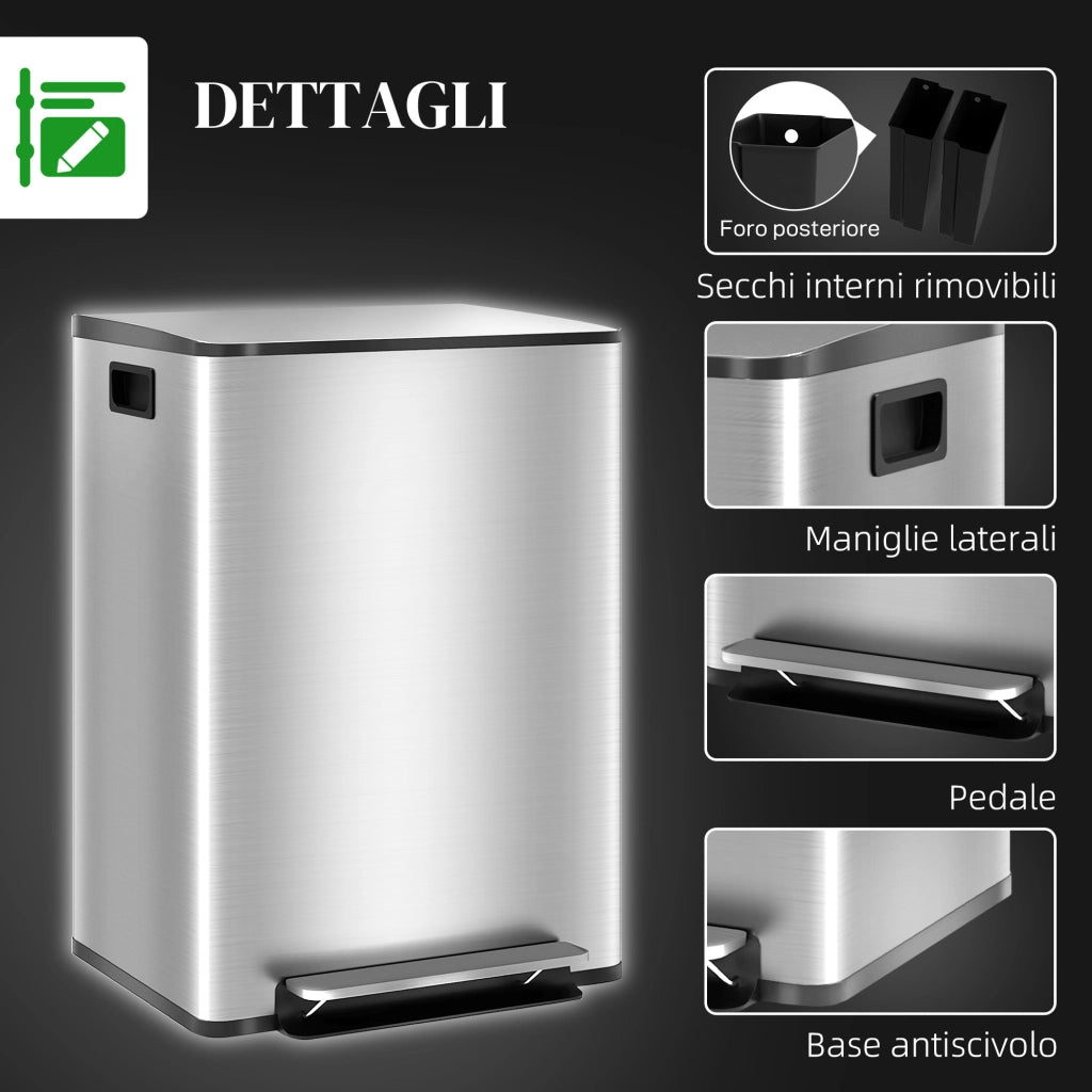 Bidone Immondizia a 2 Sezioni con Pedale ¨C zephmum ¨C Acciaio Inox e PP, 47.7x37.5x66.8 cm