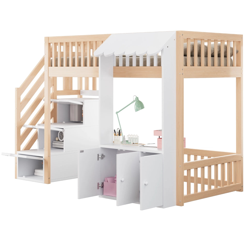 Letto a soppalco singolo 90x200 cm in legno colore legno; con scala contenitore e LED