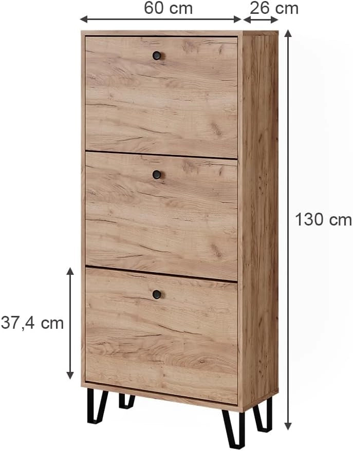 Scarpiera Siri, Quercia dorata, 60 x 130 cm con 3 cassetti incernierati
