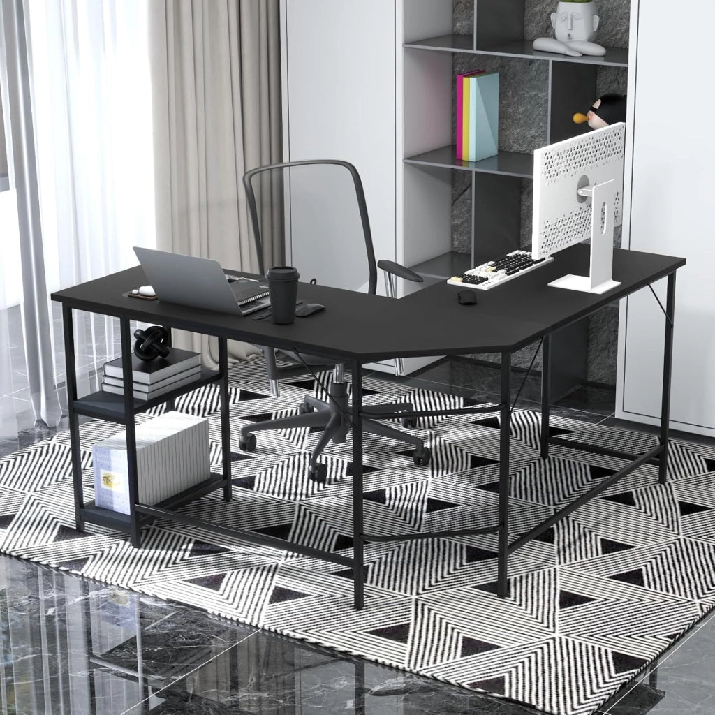 Scrivania Angolare 138 CM, Scrivania ad Angolo con 2 Prese, 2 Porte USB, Telaio in Acciaio al Carbonio e Ripiano a 2 Livelli Rimovibile, Scrivania Salvaspazio da Ufficio e Casa (Nero)