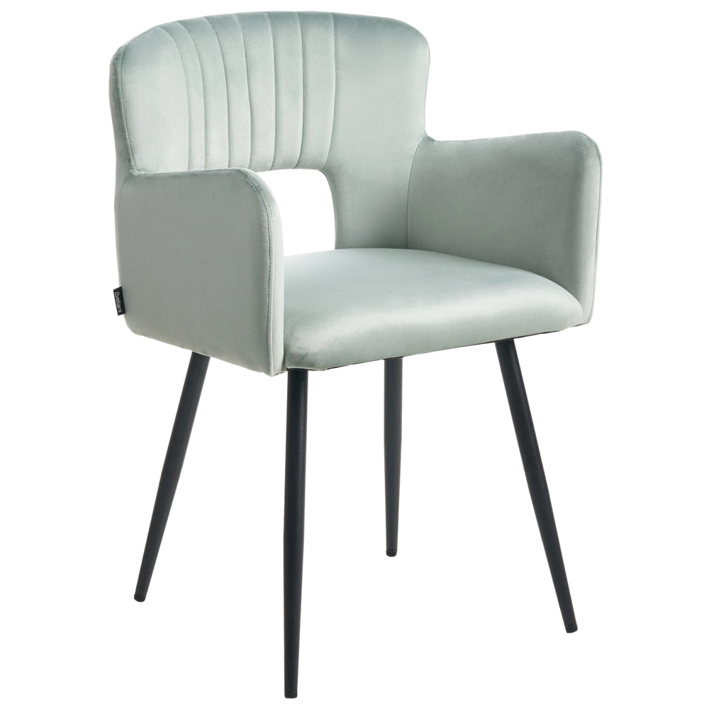 Set di 2 sedie da pranzo velluto azzurro braccioli schienale intagliato gambe in metallo moderna industriale