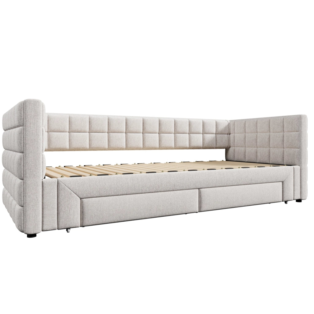 Daybed trasformabile in velluto beige con 2 cassetti 90x200 cm