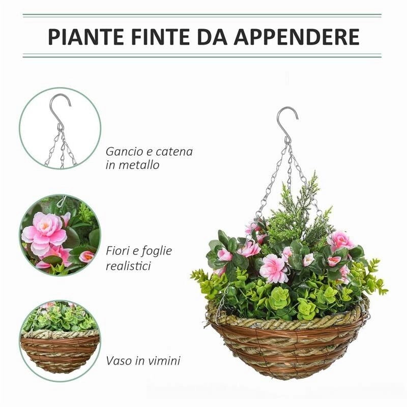 SET DI 2 PIANTE FINTE LISIANTHUS DA APPENDERE PER INTERNO ED ESTERNO CON VASO IN VIMINI E CATENELLE, ?25X34CM, ROSA E VERDE