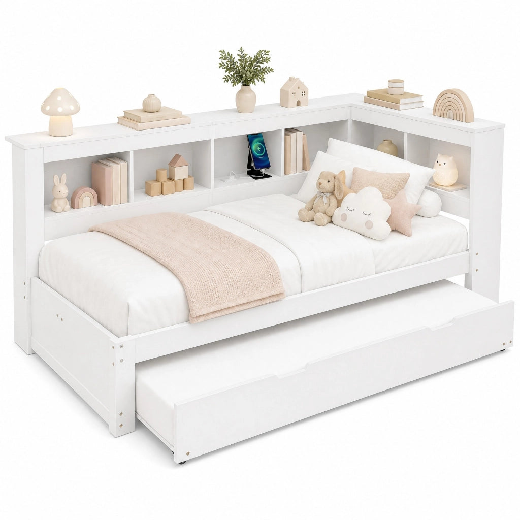Daybed 90x200 cm con letto estraibile, presa e 2 USB, bianco
