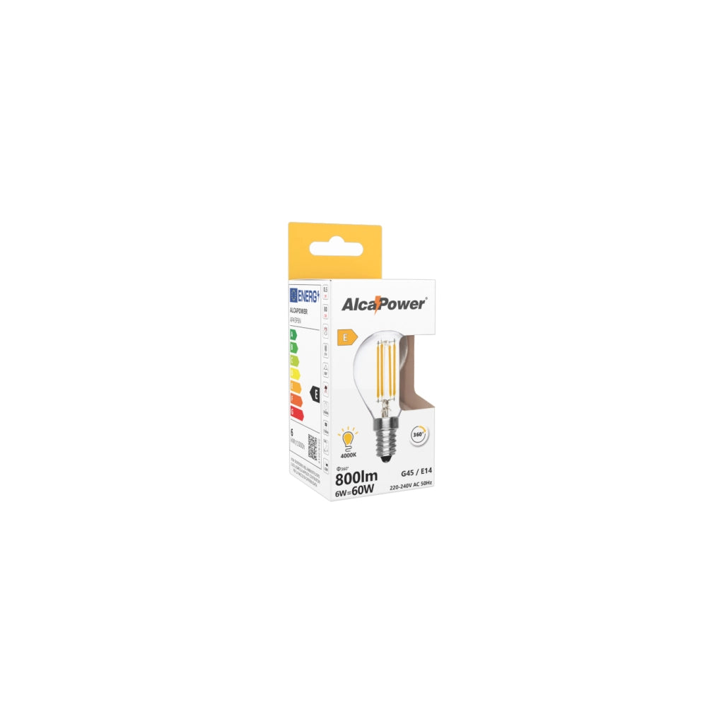 Alcapower Lampadina LED Filamento G45 Minisfera E14 6W 810lm 4000K Luce Naturale Trasparente, Efficienza Energetica Classe D, 25000 ore di durata
