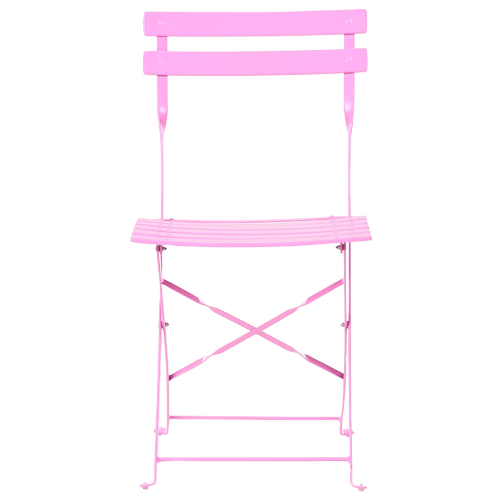 Set da bistrot 3 pezzi rosa in metallo pieghevole con schienale a doghe per esterni