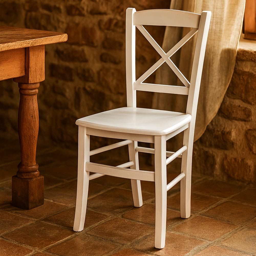 Sedia da pranzo Venezia croce in legno bianco anticato con finitura ciliegio