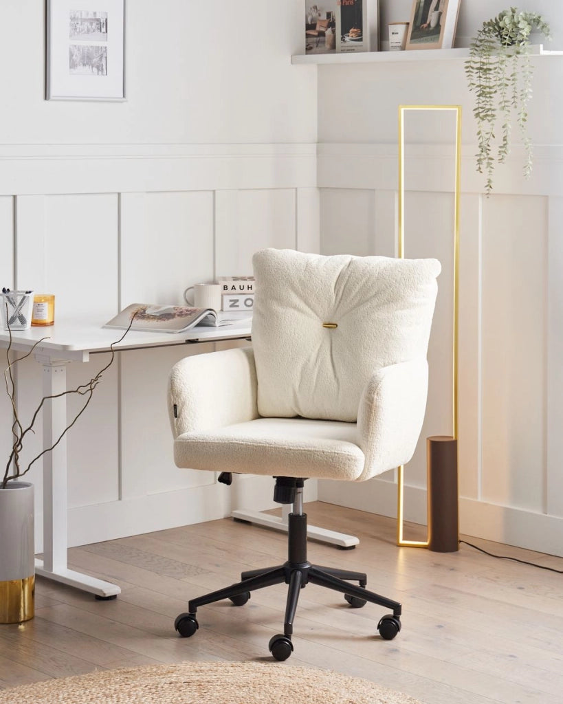 Sedia da ufficio in tessuto Boucle Struttura in metallo Funzione girevole Inclinazione Altezza regolabile Mobili da ufficio Bianco sporco