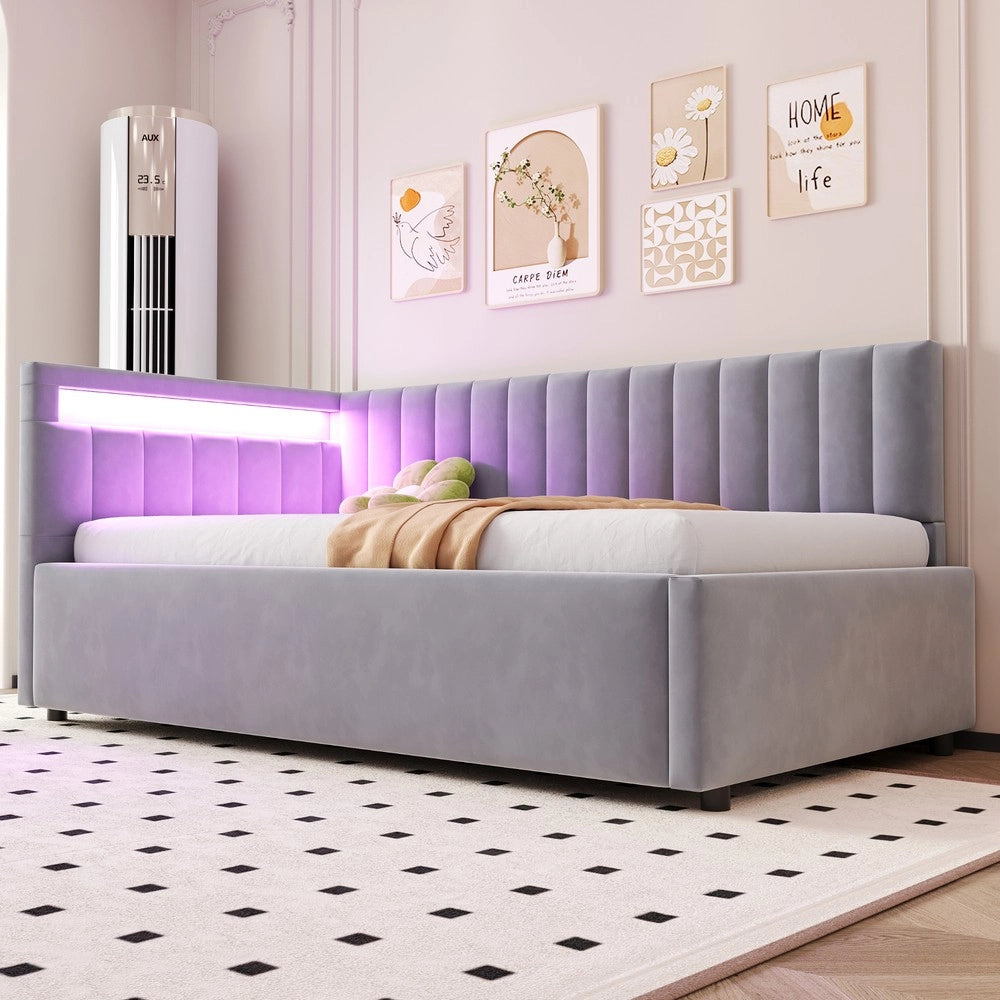 Letto Imbottito Contenitore con LED ¨C Xylo ¨C Velluto Grigio Chiaro 90x200