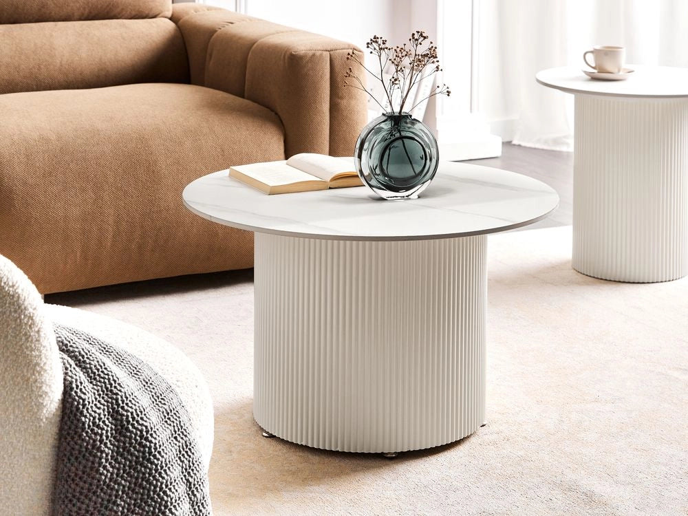 Tavolino da caffè piano in pietra sinterizzata effetto naturale base in metallo design moderno soggiorno beige chiaro ø 70 cm