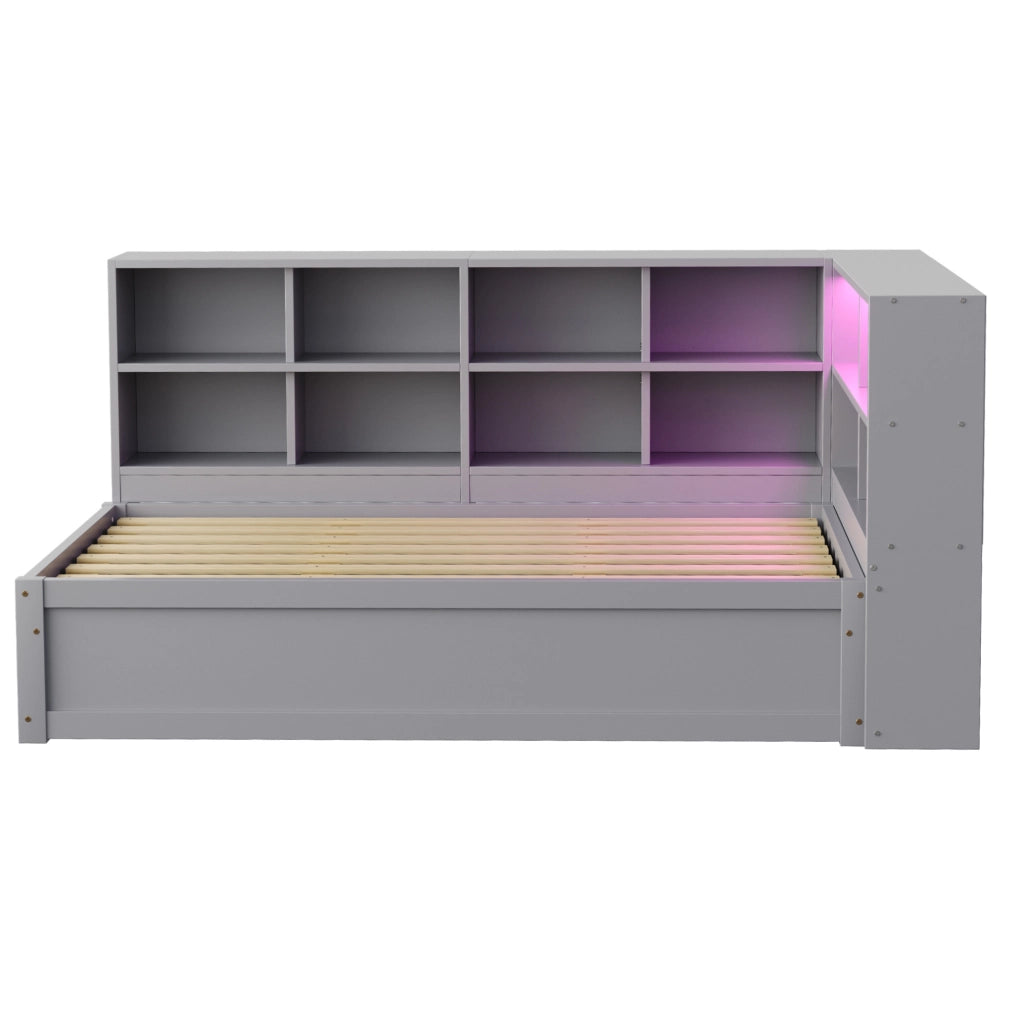 Letto multifunzione 90x200 cm in legno grigio con presa integrata; LED e vani contenitore