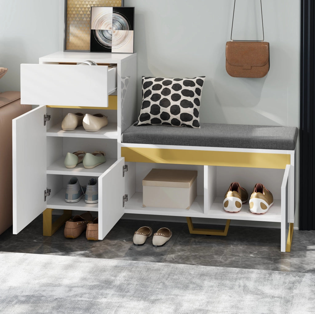 Scarpiera multifunzionale con panca e cassetto 120x35x85 cm in MDF bianco
