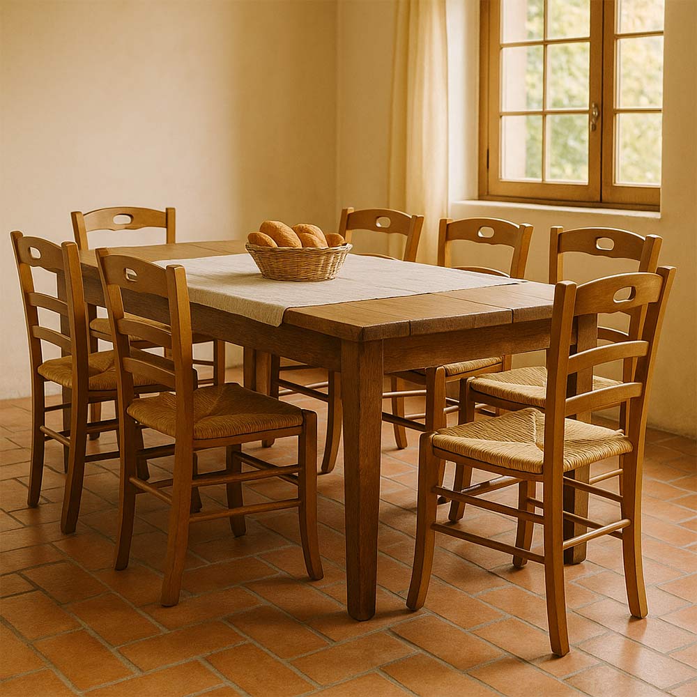 Sedia da pranzo Loris in legno finitura noce chiaro con seduta in paglia