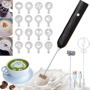 Melkopschuimer 2-in-1 con kit di stencil decorativo - 3 velocità, bastoncini in acciaio inox per caffè matcha cioccolato
