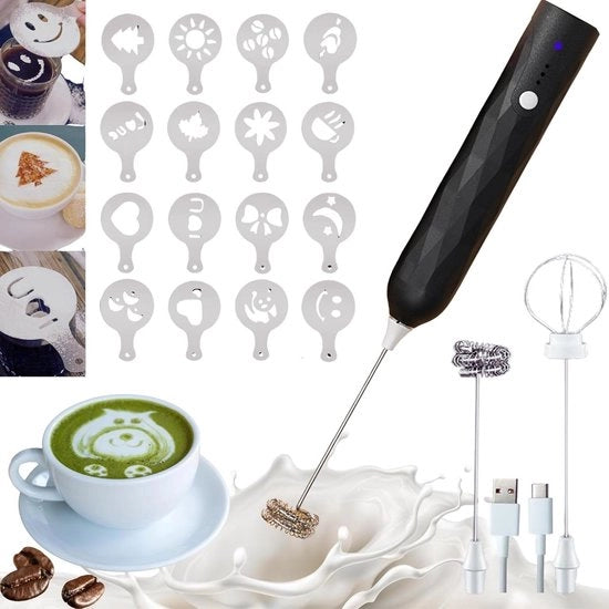 Melkopschuimer 2-in-1 con kit di stencil decorativo - 3 velocità, bastoncini in acciaio inox per caffè matcha cioccolato