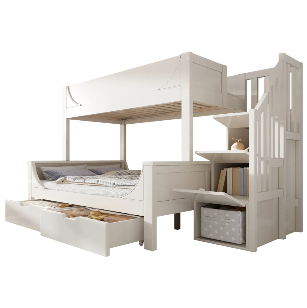 Letto a castello bianco 90x200 e 140x200 cm con armadio scala e cassetti