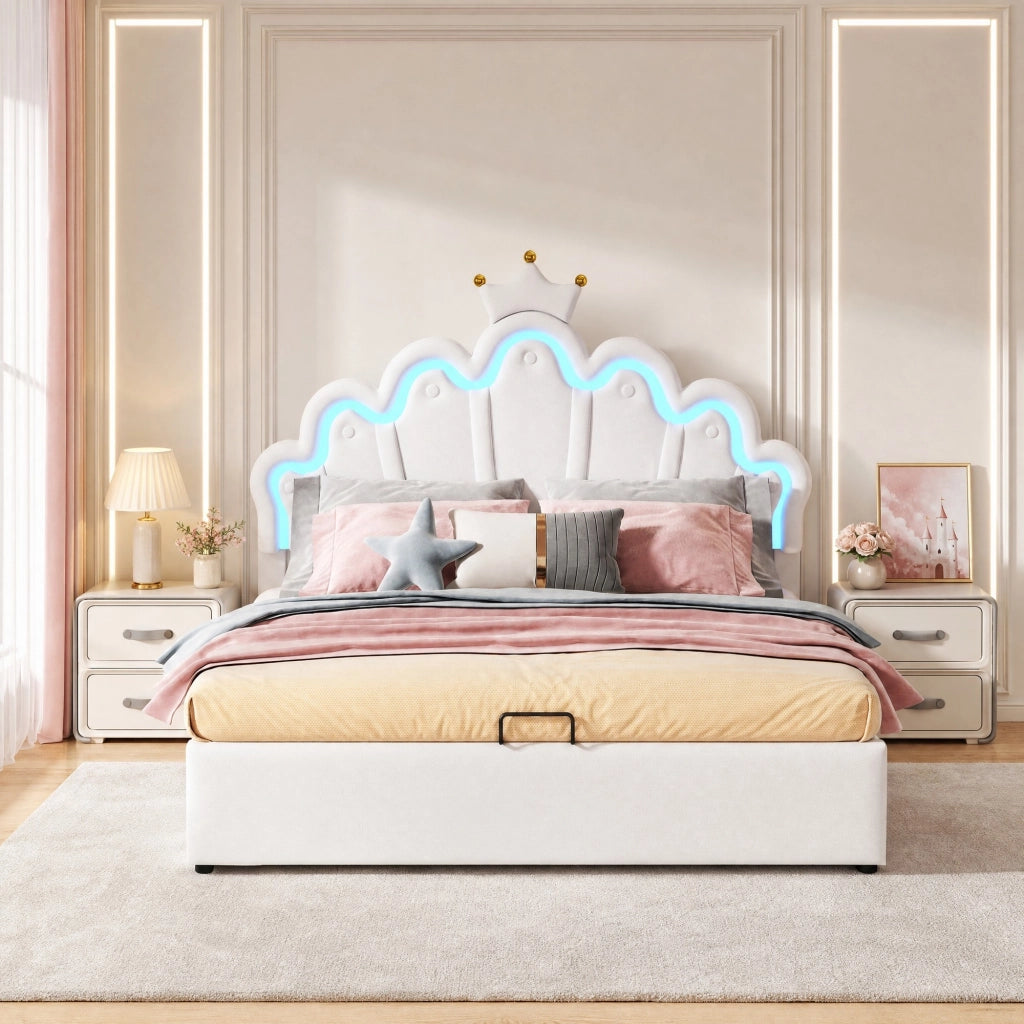 Letto imbottito 140x200 cm con LED e vano contenitore