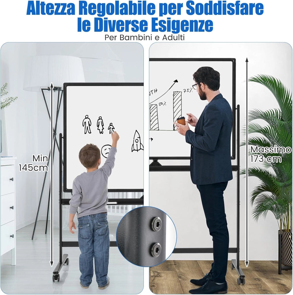 Lavagna Bianca Mobile 120 x 80 cm, Lavagna a Doppia Faccia Magnetica Cancellabile a Secco con Cavalletto e Ruote, Altezza Regolabile 2 Livelli, Accessori Completi (Nero)