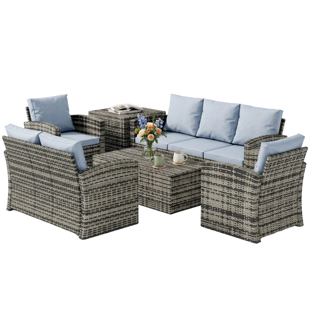 Set Giardino 6 Pezzi con 2 Divani, 2 Poltrone e 2 Tavolini ¨C Zephmum ¨C Rattan e Acciaio, Grigio