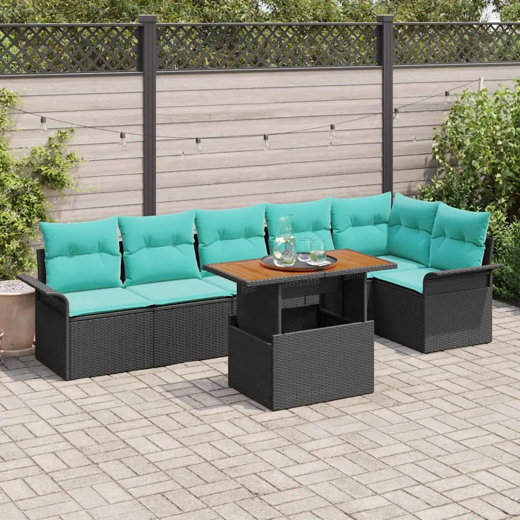 Set Divano da Giardino con cuscino 7 pcs Nero e Blu polyrattan