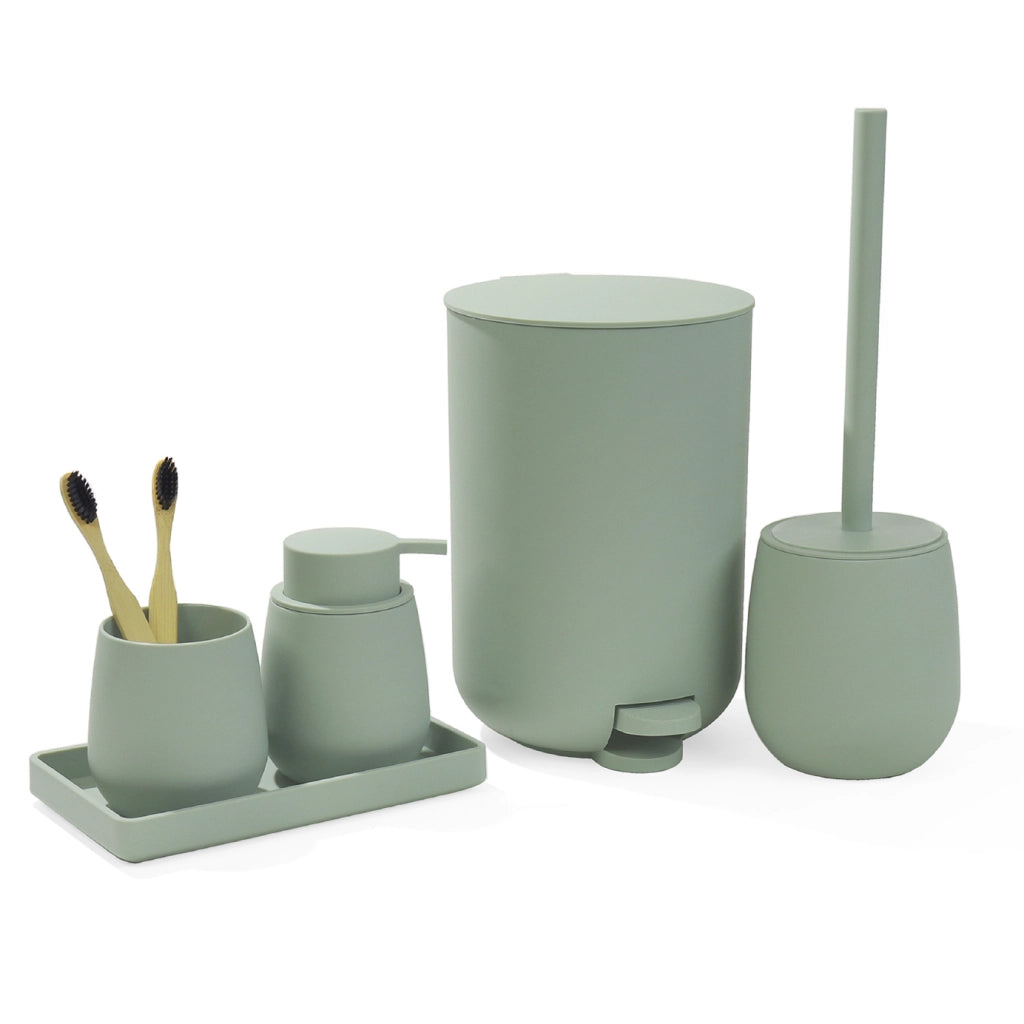 Set Accessori Bagno 6 Pezzi in ABS Completo Pattumiera con Pedale, Scopino WC, Dispenser Sapone, Porta Spazzolini, Bicchiere e Vassoio Antiscivolo Design Moderno e Resistente Salvia