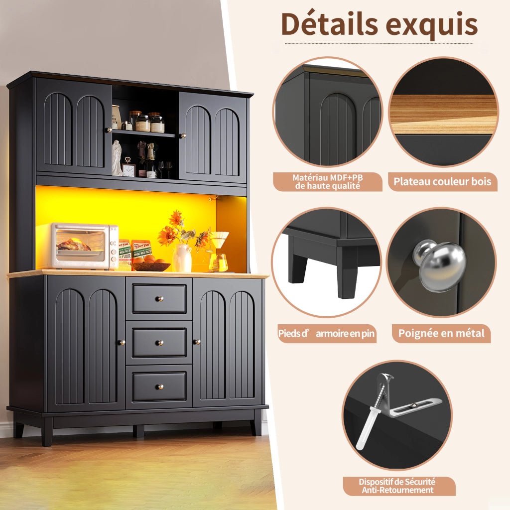Credenza Alta da Cucina con 4 Ante; 3 Cassetti; LED e USB; per Cucina o Soggiorno; in MDF; Nero; 120 x 40 x 180 cm