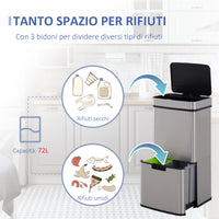 Pattumiera ad Apertura Automatica 42x30x81 cm 72lt 3 Scomparti in Acciaio e ABS