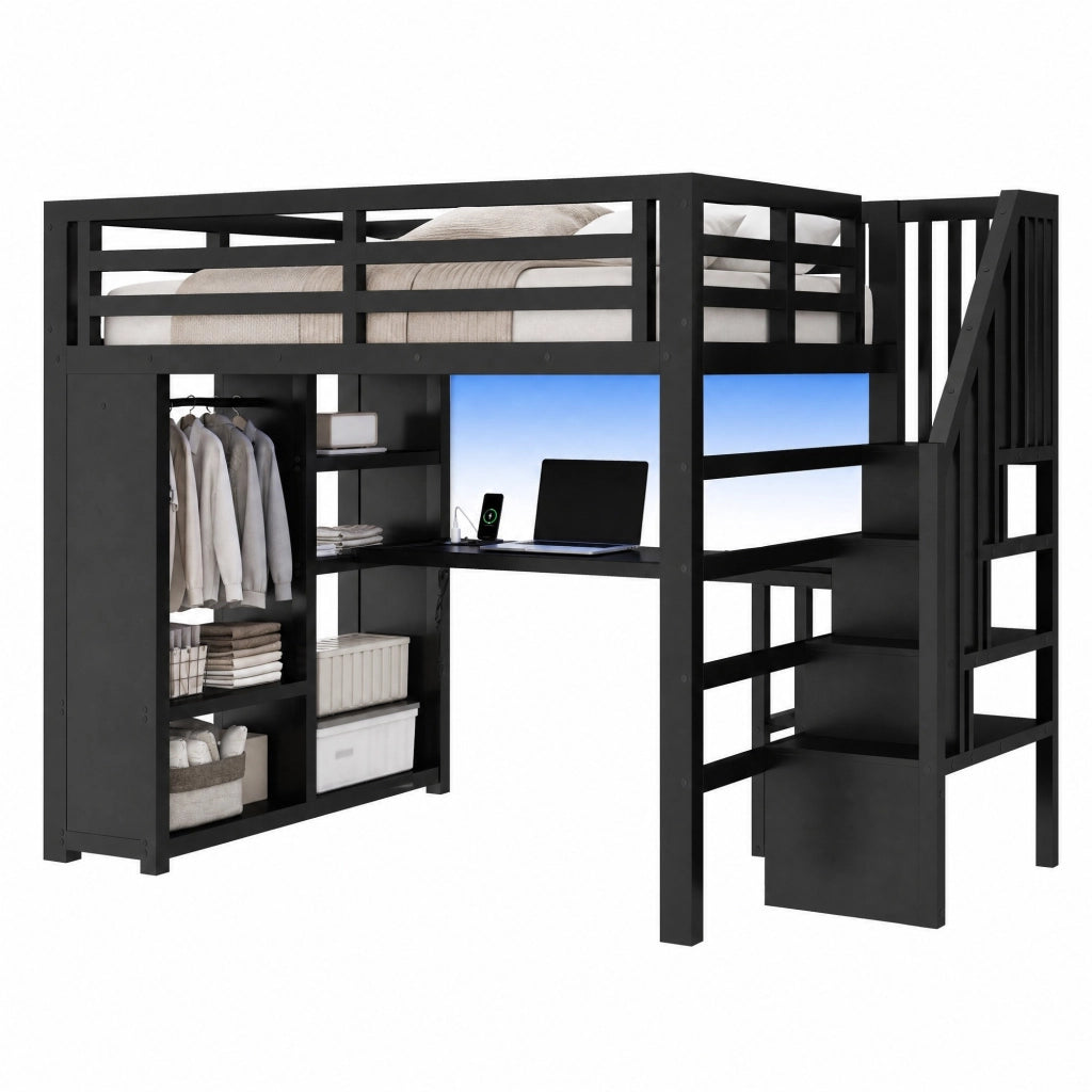 Letto a Soppalco 140x200 cm; Letto Matrimoniale - Scrivania; LED - in Metallo - Nero