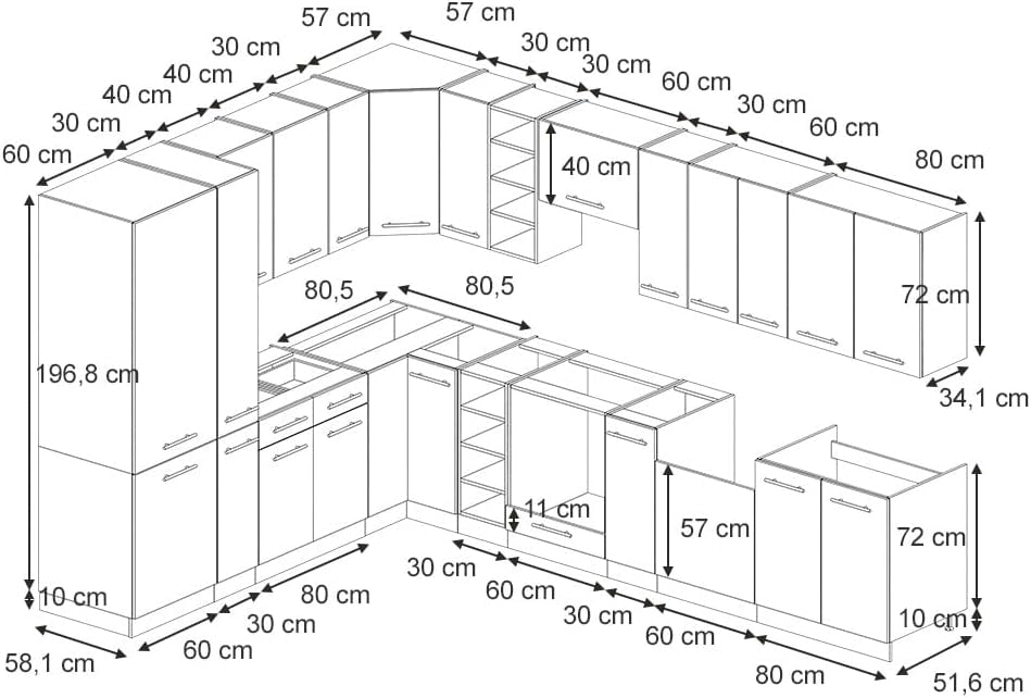 Cucina angolare completa Fame-Line, Pannello in rovere/antracite, 347 x 257 cm senza piano di lavoro