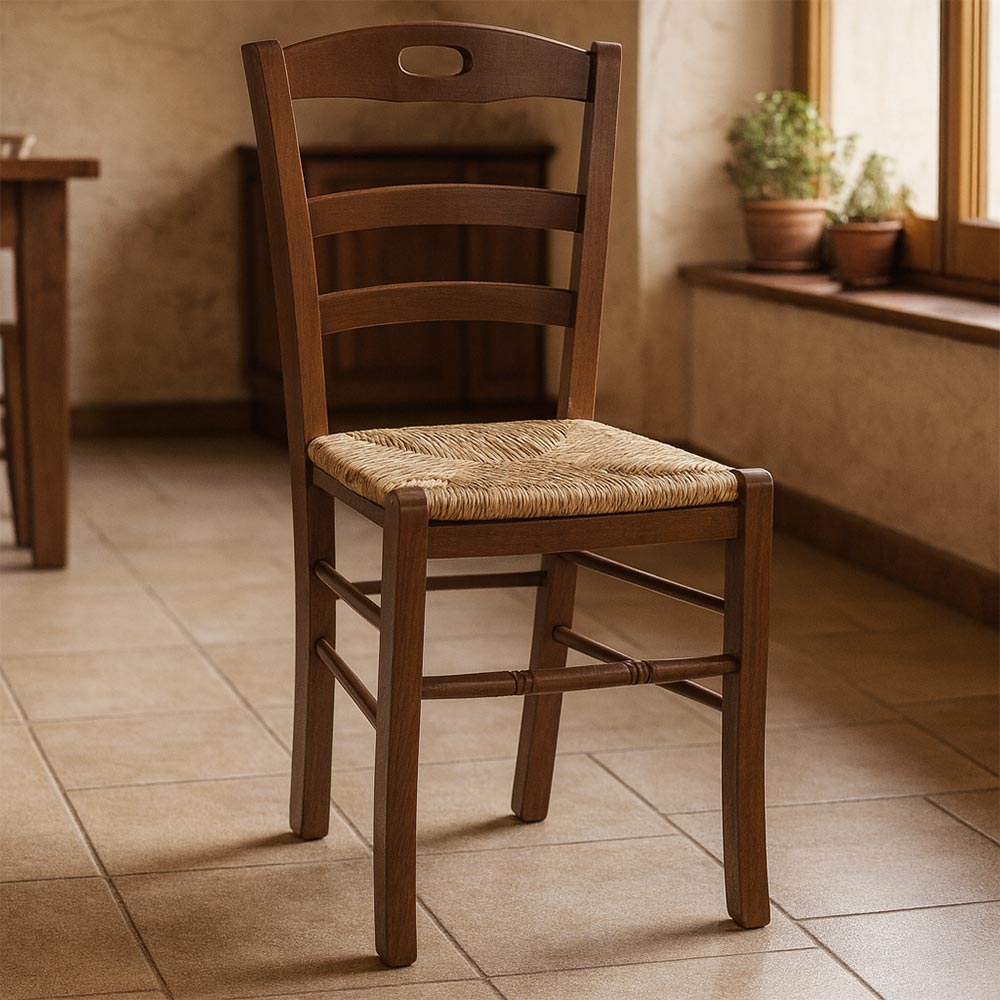 Sedia da pranzo Loris in legno noce scuro con seduta in paglia