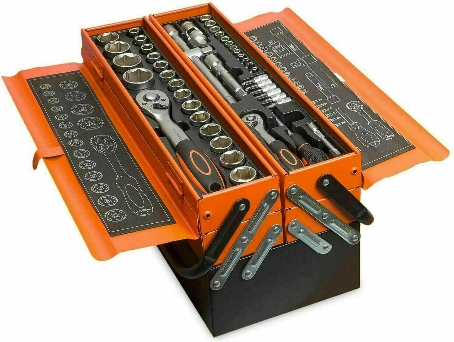 Cassetta Attrezzi Completa con 85 Pezzi in Metallo Cassetta Porta Utensili Organizer per Attrezzi Resistente Pieghevole con Occhiello per Lucchetto per Fai da Te Meccanico Elettricista