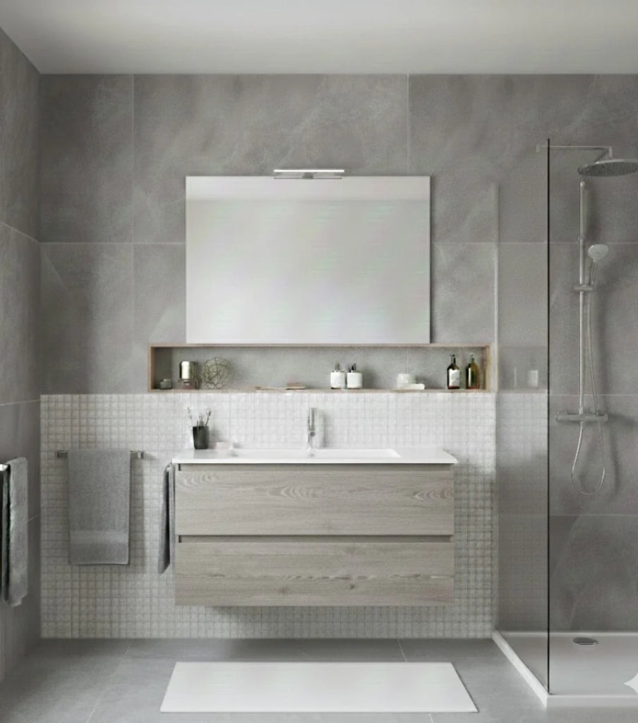 Mobile Bagno LOKI Già Montato 2 cassetti con piedini, lavabo e specchio Rovere affumicato 80x40 cm
