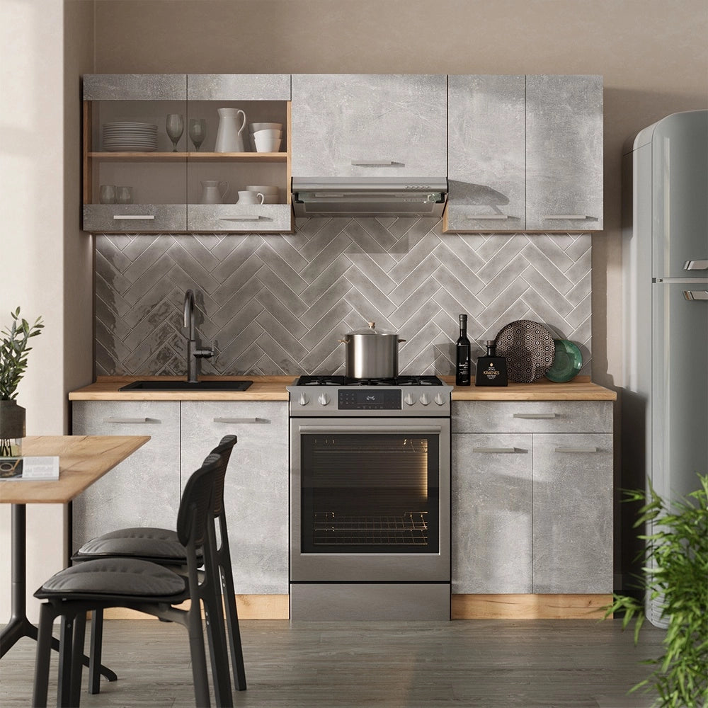 Cucina componibile R-Line Calcestruzzo/Rovere dorato 200 cm senza piano di lavoro Vicco
