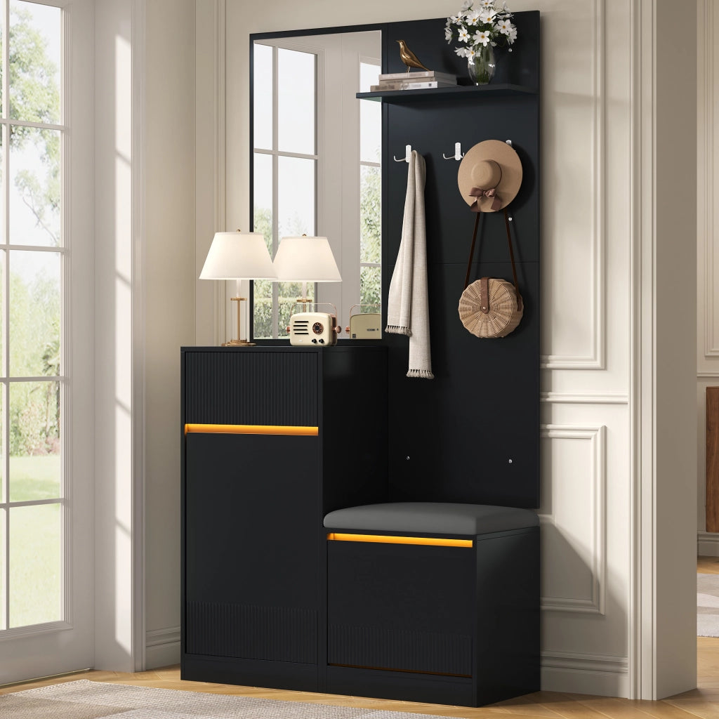Mobili da ingresso con specchio; scarpiera e illuminazione LED; vano contenitore per ingresso; 105 × 38 × 190 cm