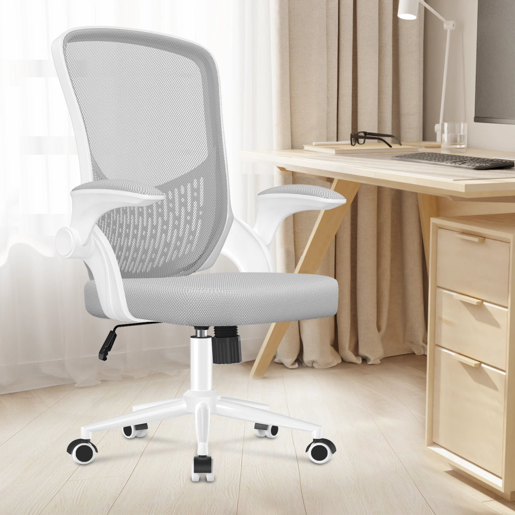 Sedia da ufficio con braccioli -  Sedia da ufficio ergonomica - con ruote - Sedia girevole regolabile in altezza - bianco-grigio