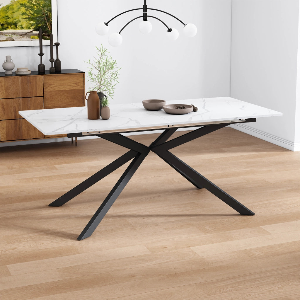Tavolo allungabile con design a croce e effetto marmo per sala da pranzo e soggiorno in MDF e metallo nero bianco
