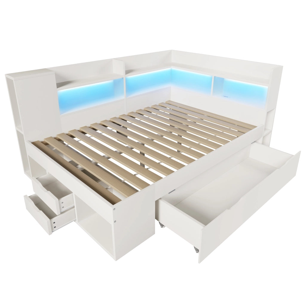 Letto a giorno 140x200 cm con LED; USB e Type-C; contenitore e cassetti; bianco