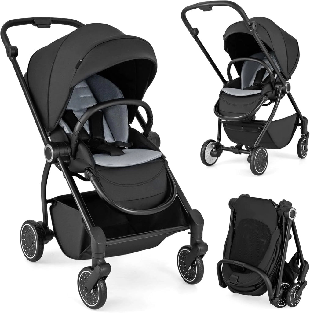 Passeggino per Bambini Reversibile, Passeggino Pieghevole per Neonati con Schienale Reclinabile, Cappotta Regolabile, Cestello Portaoggetti, per Neonati 0-36 Mesi, Portata 15 kg (Nero)