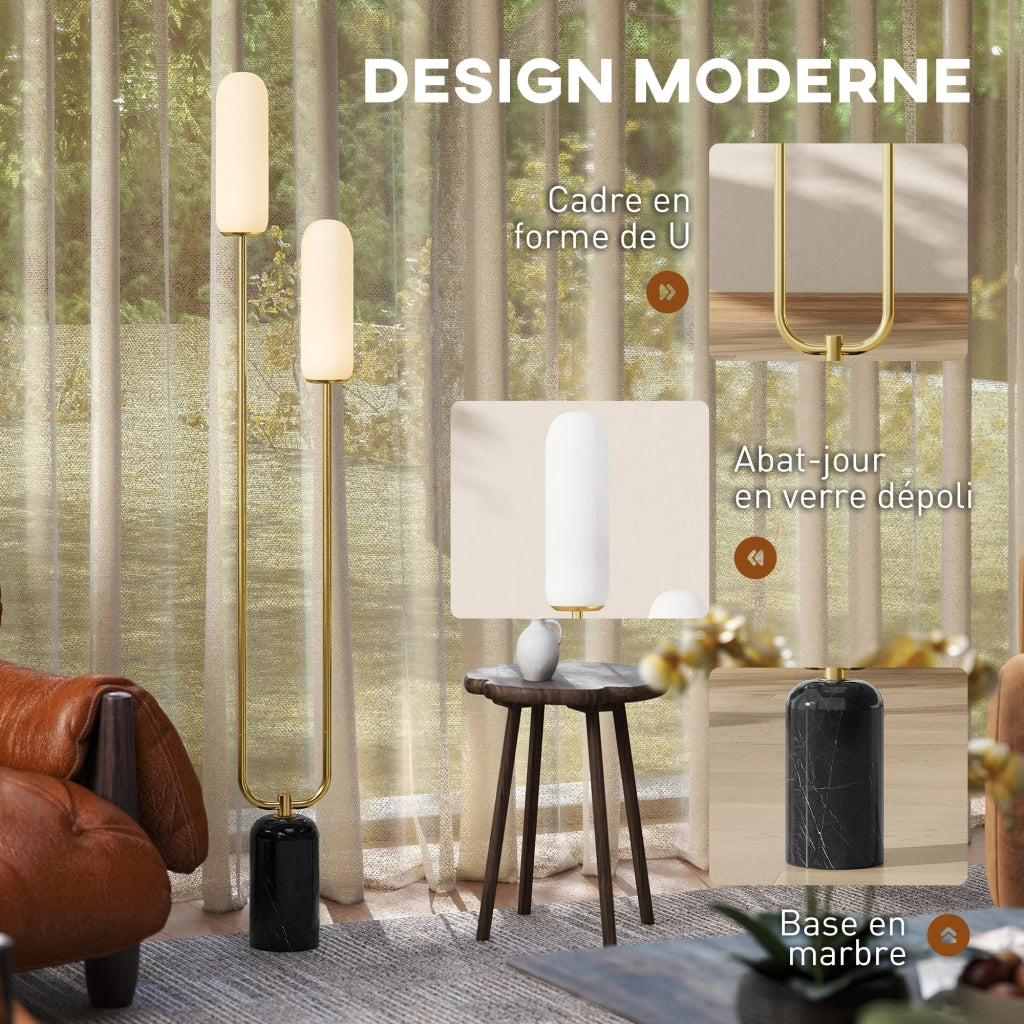 Lampada da terra ¨C Minimal ¨C base in marmo, 2 paralumi in vetro, interruttore a pedale, bianco