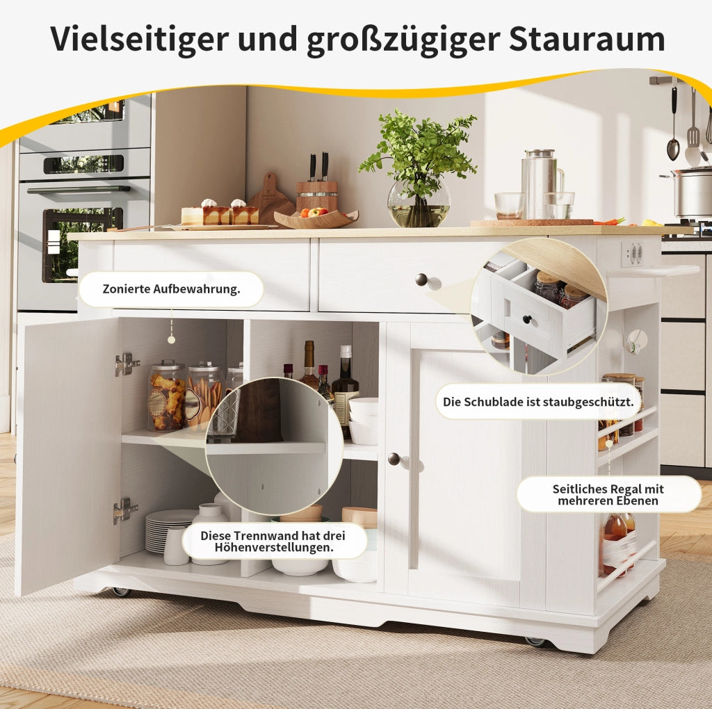 Isola cucina mobile con prese, piano pieghevole e 2 cassetti