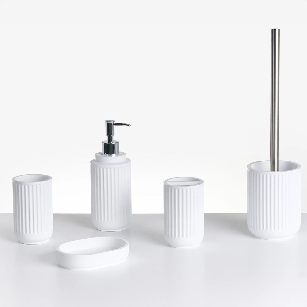 Set di 5 accessori da bagno in poliresina bianca Dispenser per sapone Portaspazzolino Porta spazzolino da bagno