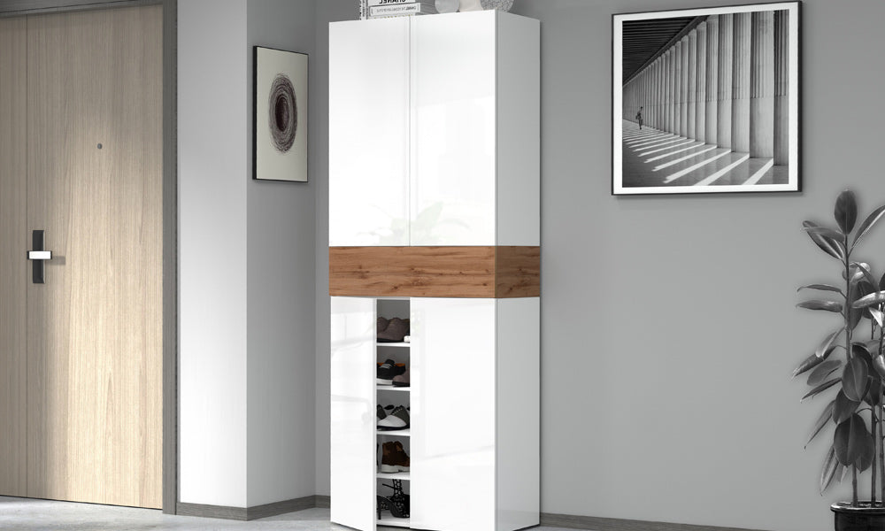 Armadio Scarpiera SAVONA 4 Ante e Ribalta - Bianco Lucido/Rovere Wotan, Moderna e Capiente