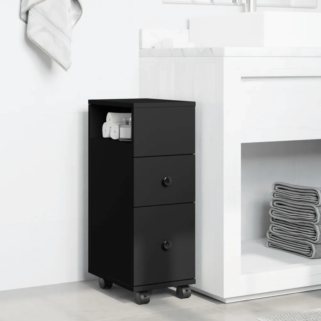 Mobile da Bagno Stretto con Ruote Nero in Truciolato